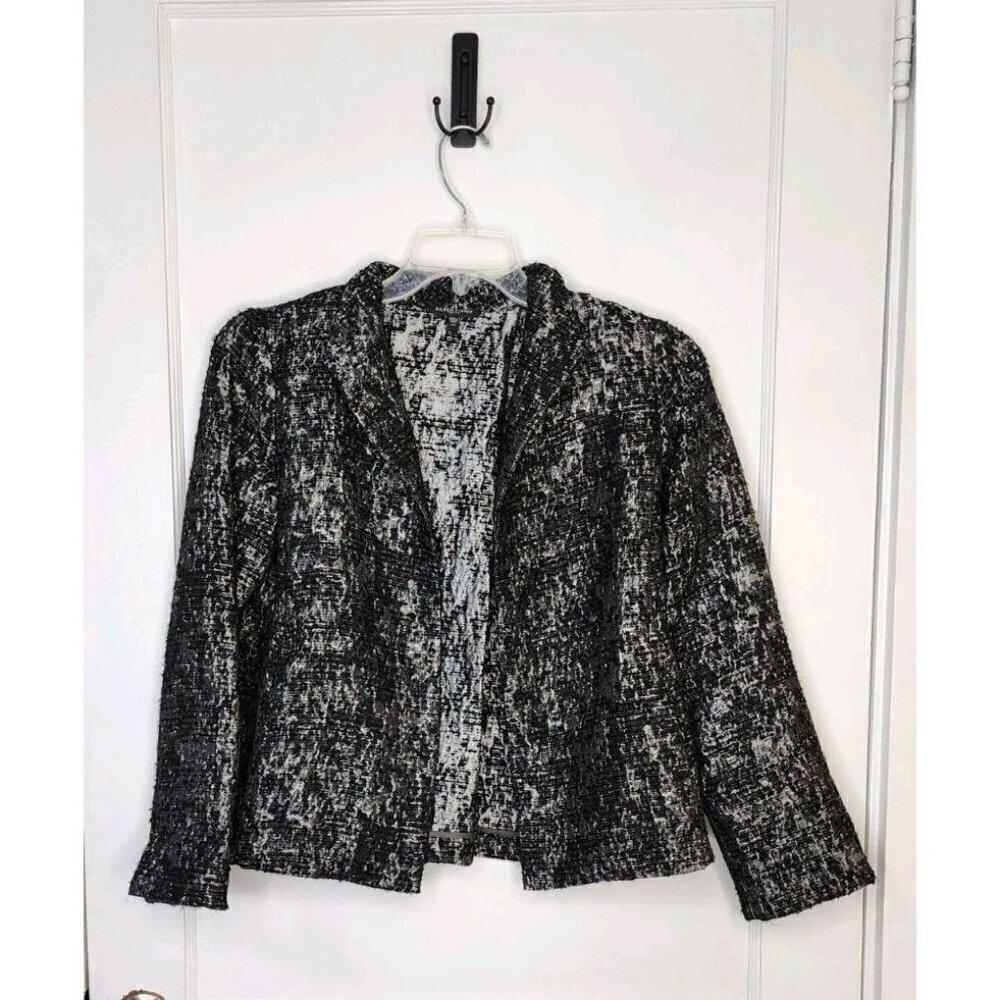 Eileen Fisher Black Silver Metallic Jacquard Open Front Wool Blend Jacket Sz PM